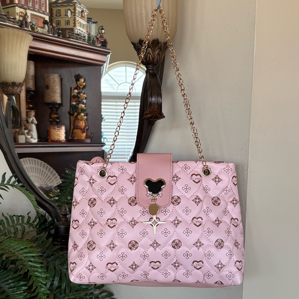 Pink Mickey Mouse Quilted Heart Stitch Gold Tone Chain Shoulder Bag Crossbody